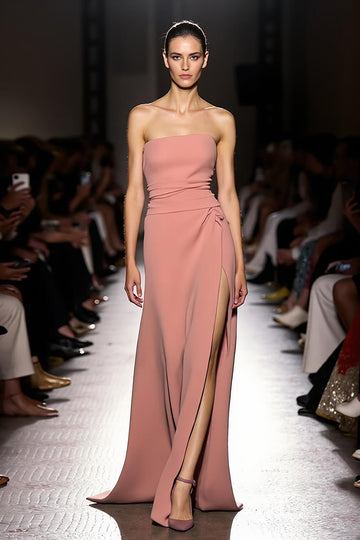 Strapless A Line Pink Evening Dress With Slit